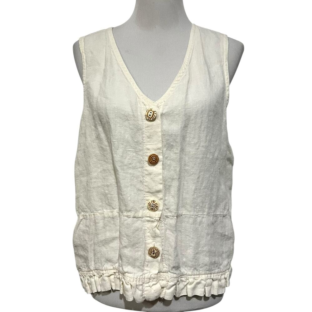 Liz & Jane Linen Vest Womens Size Small Preshrunk Ivory Ruffle Hem Lagenlook
